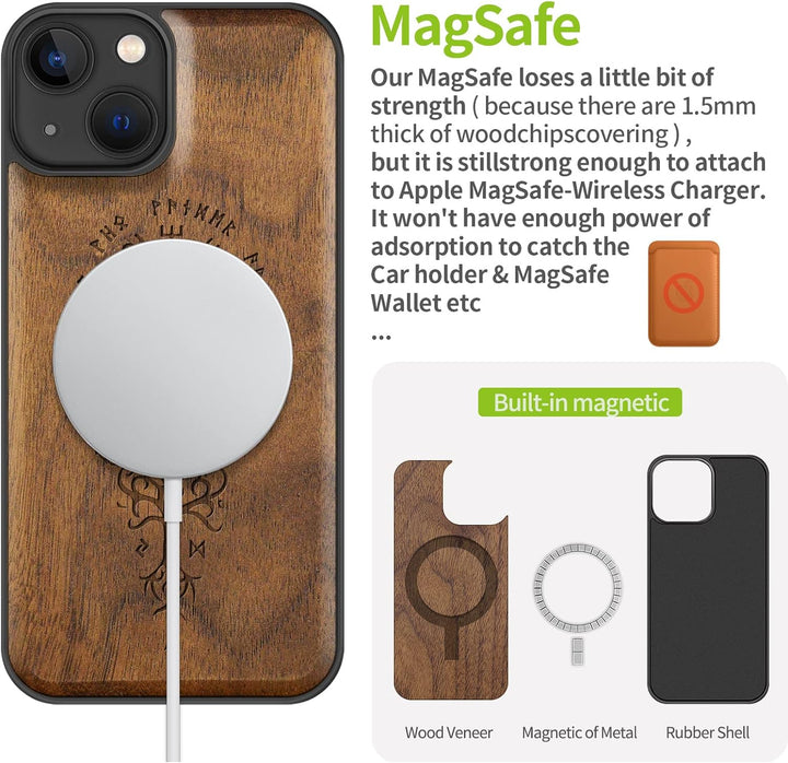 Carveit Magnetisch Hülle für iPhone 13 [Elegante Walnuss] [Weich TPU Stossstange] Stossfeste Handyhü