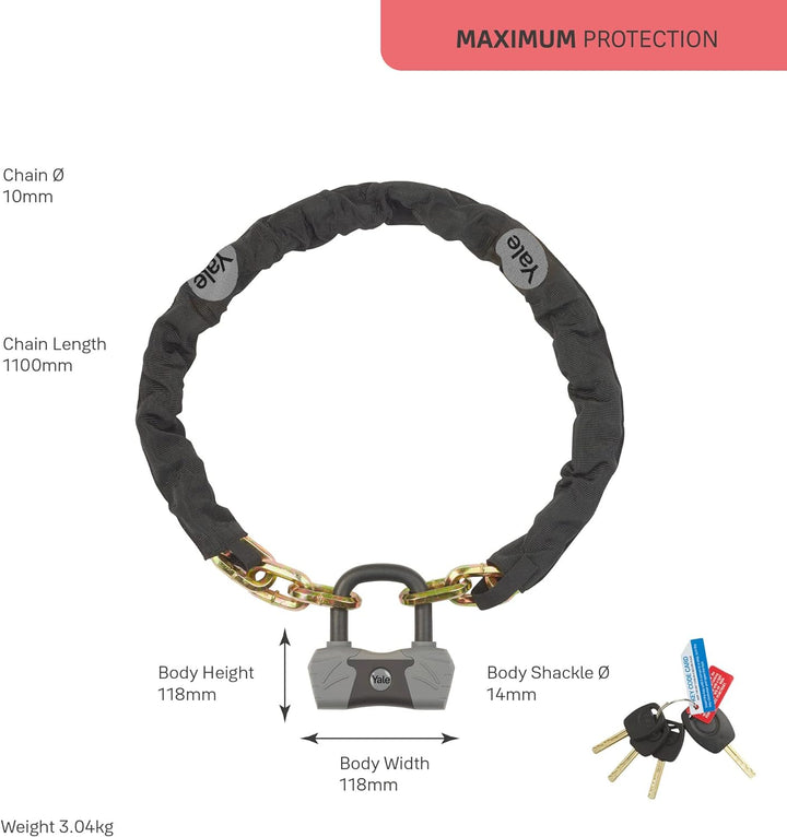 YALE Maximum Security Sicherheitskette & Schloss 1100 mm - YCL3/10/110/1 - mit Titanium verstärkte K