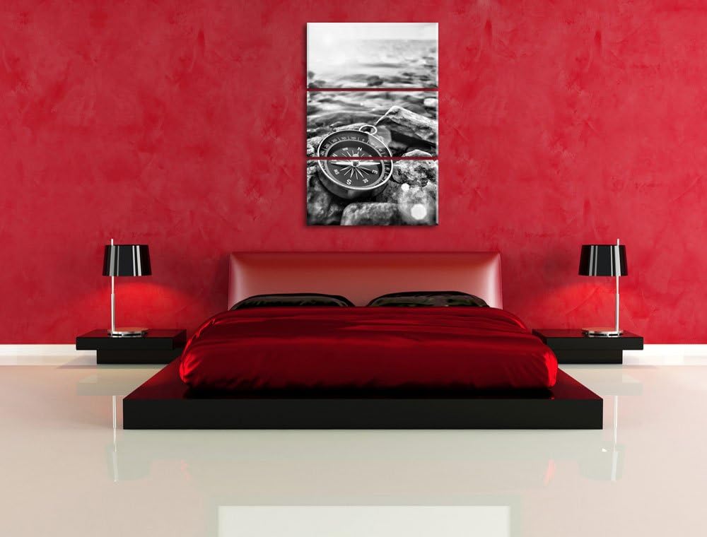 Pixxprint Kompass auf Steinen Reiselust als Leinwandbild/Grösse: 3 Teilig (120x80 cm) cm/Wandbild/Ku