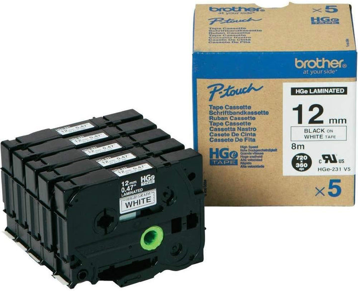 BROTHER HGE231V5 5x Schriftbandkassette 12mmx8m weiss schwarz laminiert fuer P-touch P500PC 9700PC 9