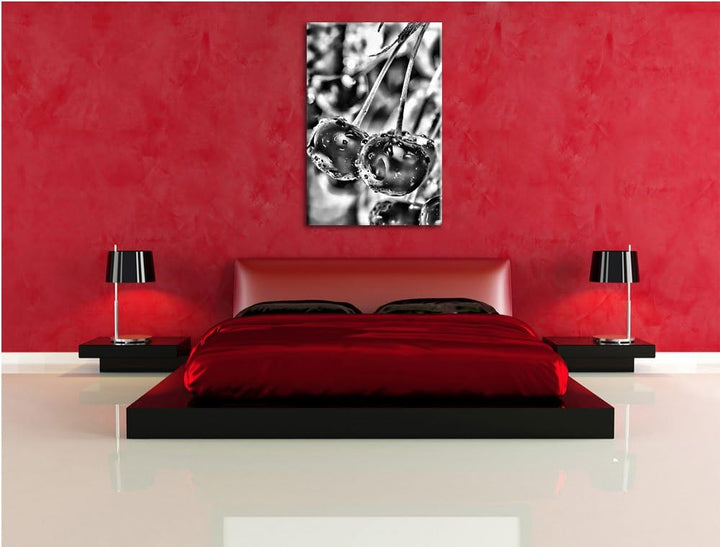 Pixxprint Frische Kirschen am Baum / 100x70cm Leinwandbild bespannt auf Holzrahmen/Wandbild Kunstdru