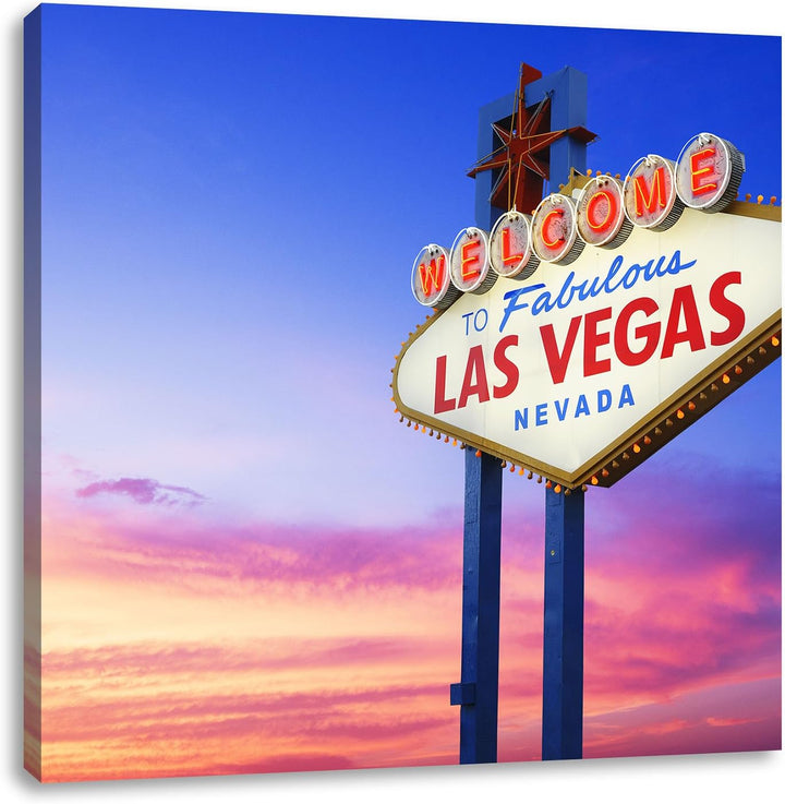 Pixxprint Las Vegas Schild in der Dämmerung als Leinwandbild/Grösse: 70x70 cm/Wandbild/Kunstdruck/fe