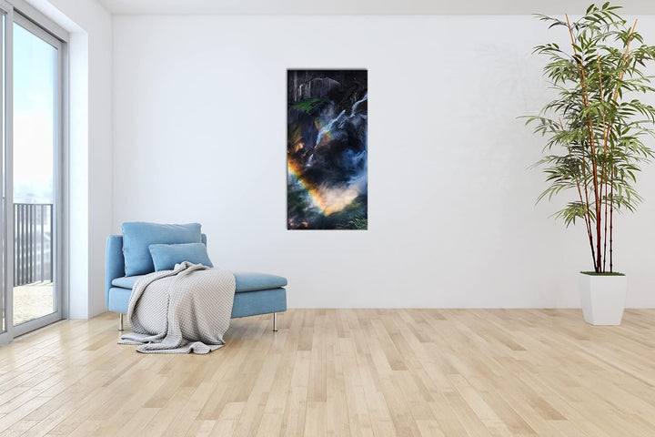 Regenbogen am Wasserfall Panorama 80x40 cm als Leinwandbild, Motiv fertig gerahmt auf Echtholzrahmen