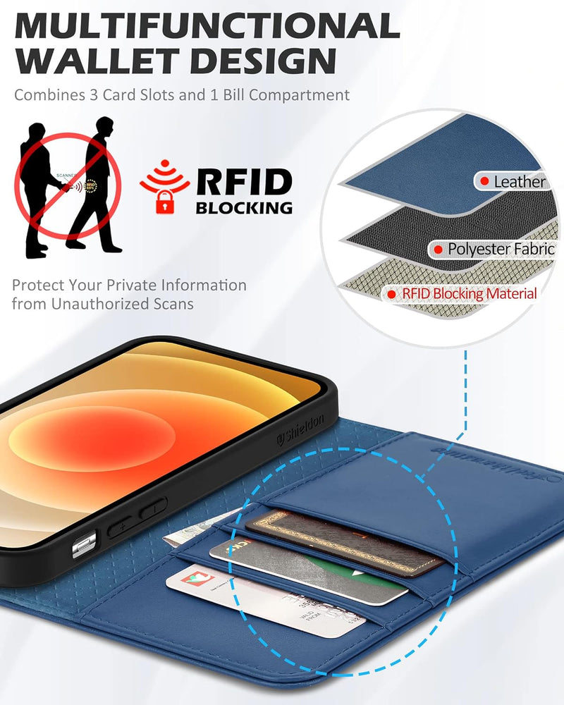 SHIELDON iPhone 12 Mini Hülle, RFID-Sperre Handyhülle [Echtleder] [Schützt vor Stoss] [Standfunktion