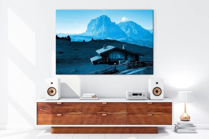 deyoli Holzhütte im Gebirge Format: 80x60 Effekt: Monocrome Blau als Leinwandbild, Motiv fertig gera