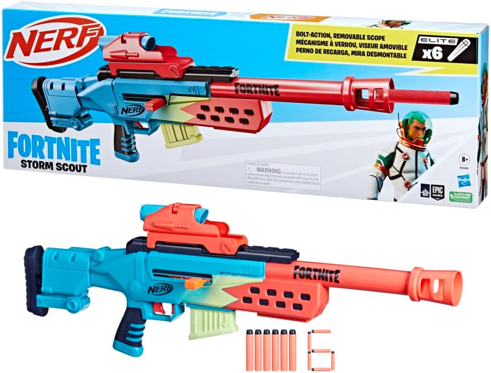 Nerf Fortnite Storm Scout Blaster, Nerf Fernrohr, 6-Dart Clip-Magazin, 6 Nerf Elite Darts, Bolzen-Ac
