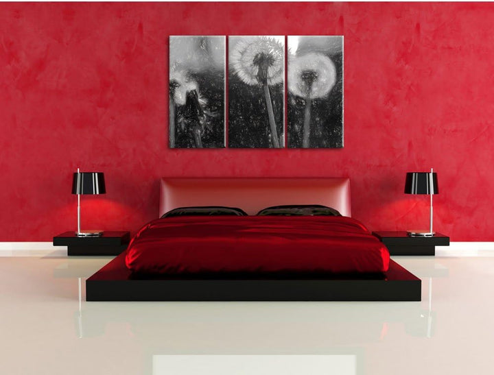 Pixxprint Pusteblume Kohle Effekt 3-Teiler Leinwandbild 120x80 Bild auf Leinwand