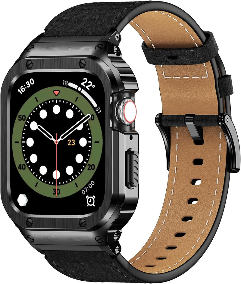 SUPLINK Metallgehäuse mit Lederarmband Kompatibel Apple Watch Armbänder 40/41mm,Robuste Edelstahl Sc