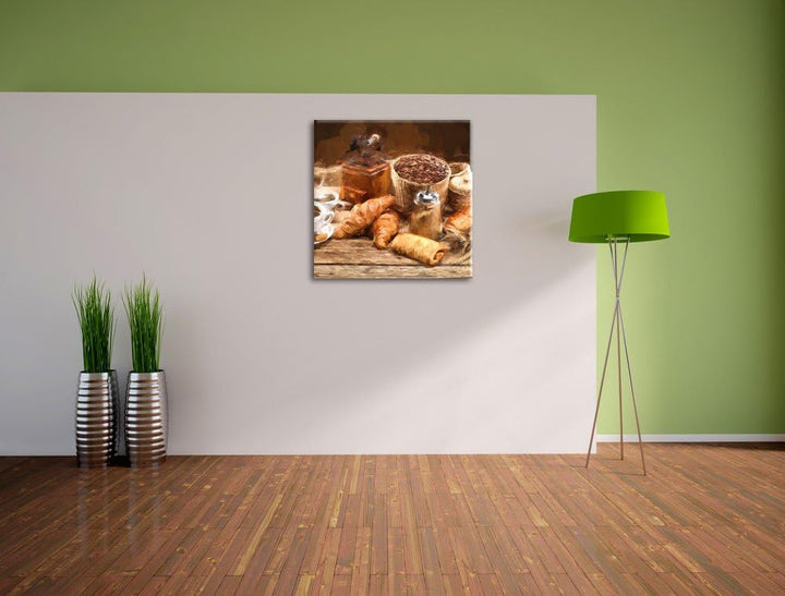 Pixxprint Aromatischer Kaffee mit Croissant als Leinwandbild Quadratisch/Grösse: 70x70 / Wandbild/Ku