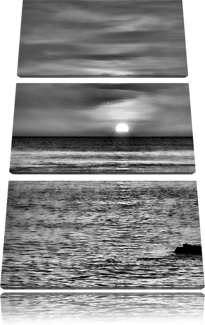 Pixxprint Monocrome, Sonnenuntergang am Meer 3-Teiler Leinwandbild 120x80 Bild auf Leinwand
