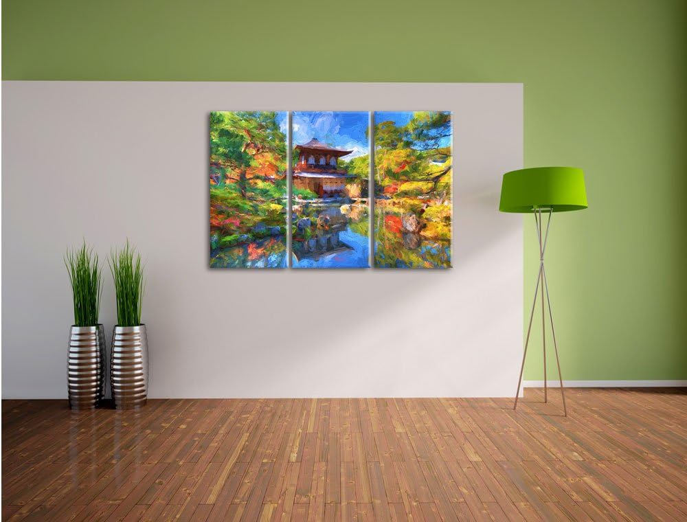 Pixxprint Ginkaku-ji-Tempel in Kyoto Kunst Pinsel Effekt 3-Teiler Leinwandbild 120x80 Bild auf Leinw