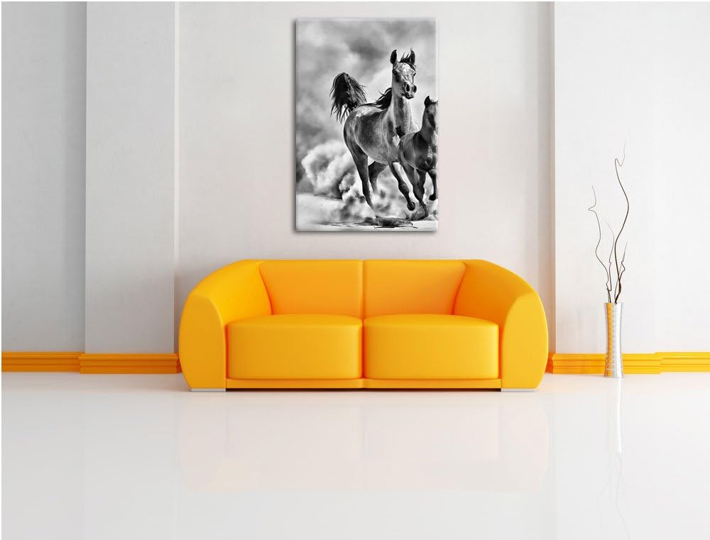 Pixxprint Monocrome, Western Pferde in Wüste mit Fohlen, Format: 100x70 auf Leinwand, XXL riesige Bi