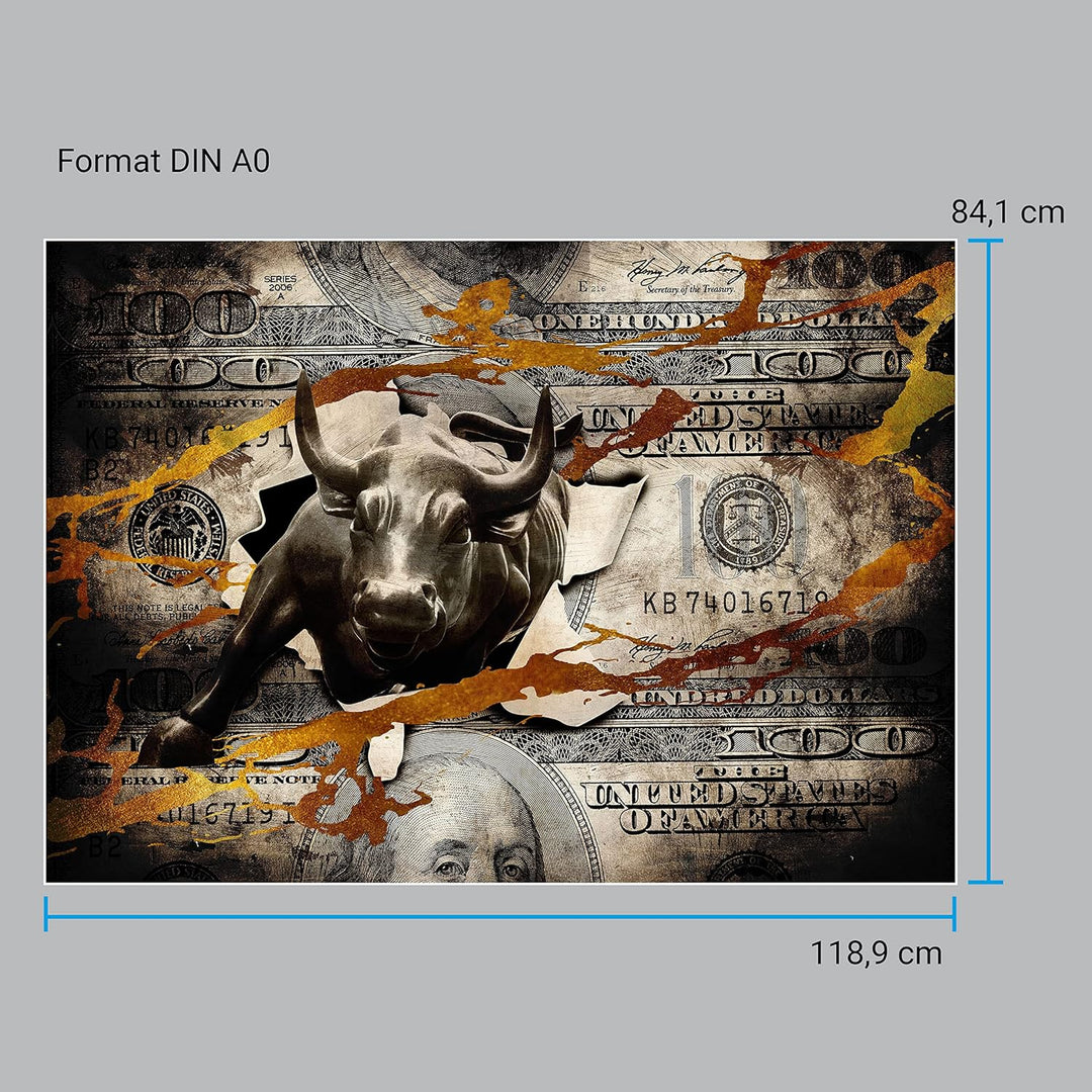 wandmotiv24 Poster als Wanddeko, Grösse Din A0, Stier stürmt durch Geldschein, Dollar, Geld, Tier, M