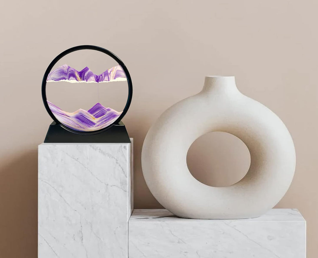 Yuomiker Dynamisch 3D Sandbilder zum Drehen, Fliessende Sandmalerei runder Glas Rahmen, Bewegtes San