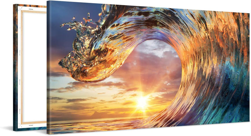 PICANOVA – Bild auf Leinwand Wellen-Sonnenuntergang 100x50cm – Leinwandbild – Premium Leinwanddruck