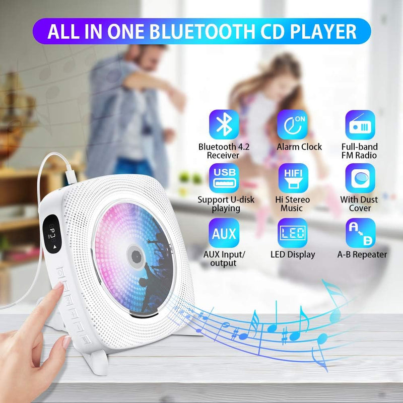 Gueray CD-Player für Wandmontage mit Bluetooth HiFi Lautsprecher Fernbedienung LED-Display Unterstüt