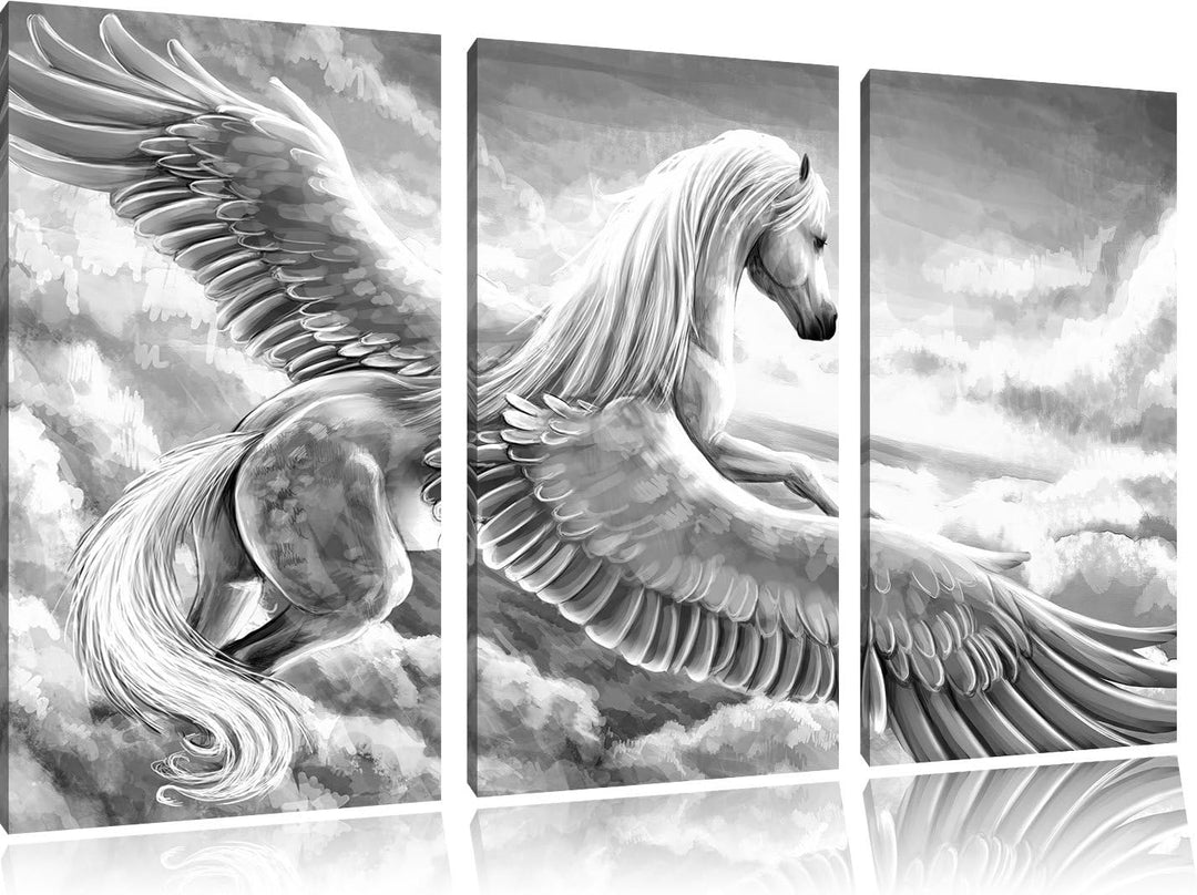 Pixxprint Pegasus fliegt über den Wolken Kunst B&W 3-Teiler Leinwandbild 120x80 Bild auf Leinwand