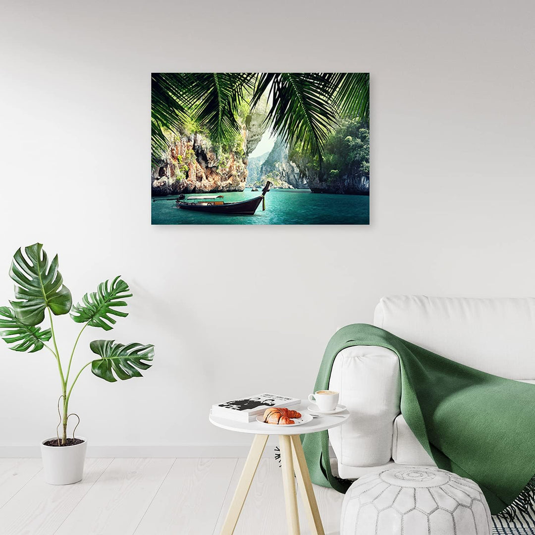 Feeby Vlies Leinwandbild Bay Area Boot 90x60 cm Wand Bild Kunstdruck Deko Wohnzimmer Wohnungs Deko T