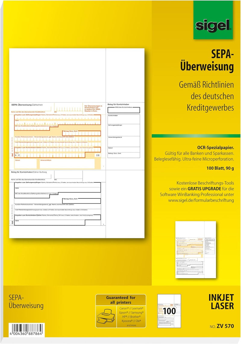 SIGEL ZV570 SEPA-Überweisungen, A4, 100 Blatt, incl. free download Beschriftungsassistent & AVERY Zw