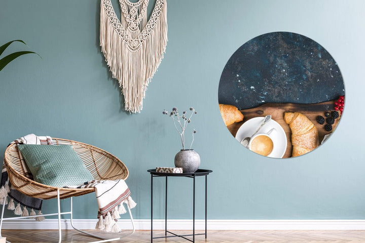 MuchoWow Wandbild Rund Wanddeko Deko Wohnzimmer Bilder 90x90 cm Croissant - Obst - Kaffee - Küche, 9
