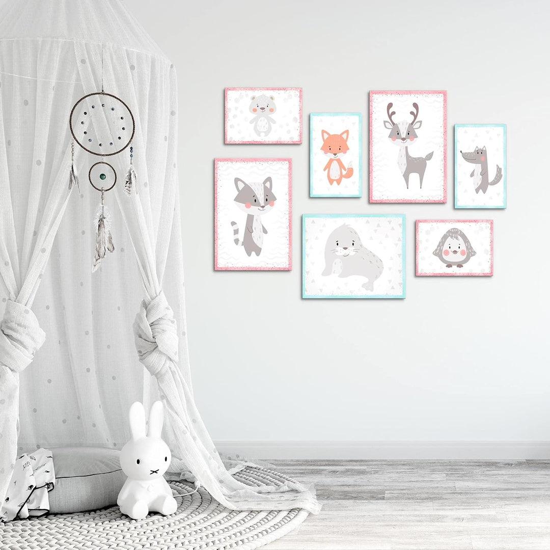 Novart Wandbilder Waldtiere - KOMPLETT AUFHÄNGFERTIG - Rosa Kinderzimmer Mädchen- 7 Moderne Mood-Bil