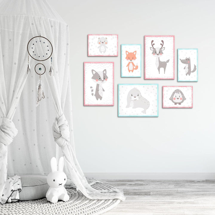 Novart Wandbilder Waldtiere - KOMPLETT AUFHÄNGFERTIG - Rosa Kinderzimmer Mädchen- 7 Moderne Mood-Bil