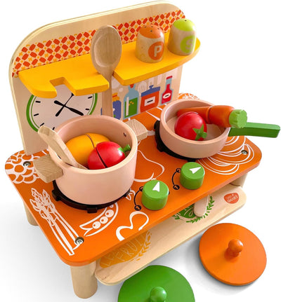 Wooden Kitchen Set - portable, 10-piece set includes utensils, pans with lids, clock and condiments