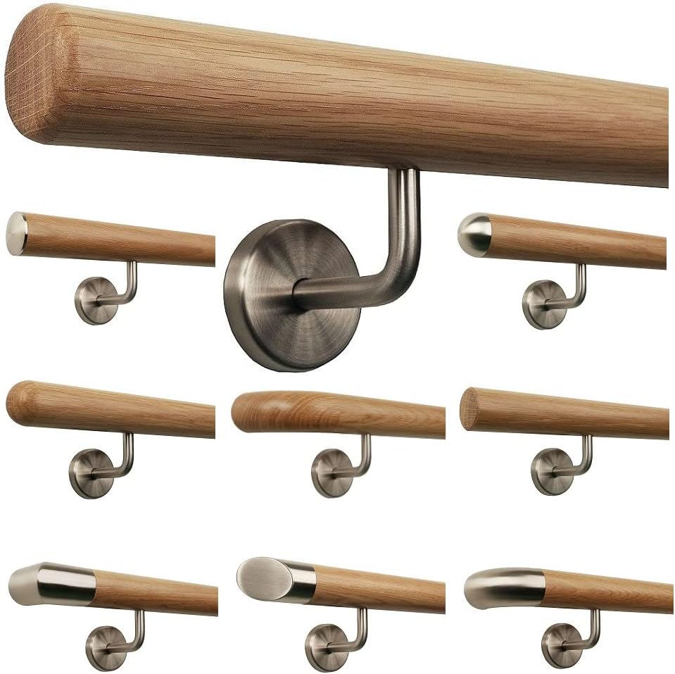 TIBU Eiche Holz Handlauf Geländer 0,3m - 6m, Länge 100 cm, Ende Radius gefräst und 2 gewinkelte Halt