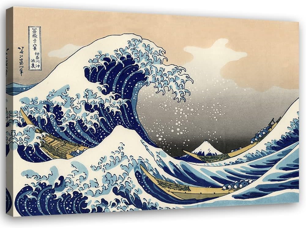Feeby Vlies Leinwandbild Ukiyo-e Japan Tsunami-Welle 90x60 cm Druckbild Wandbild Wanddekoration Deko