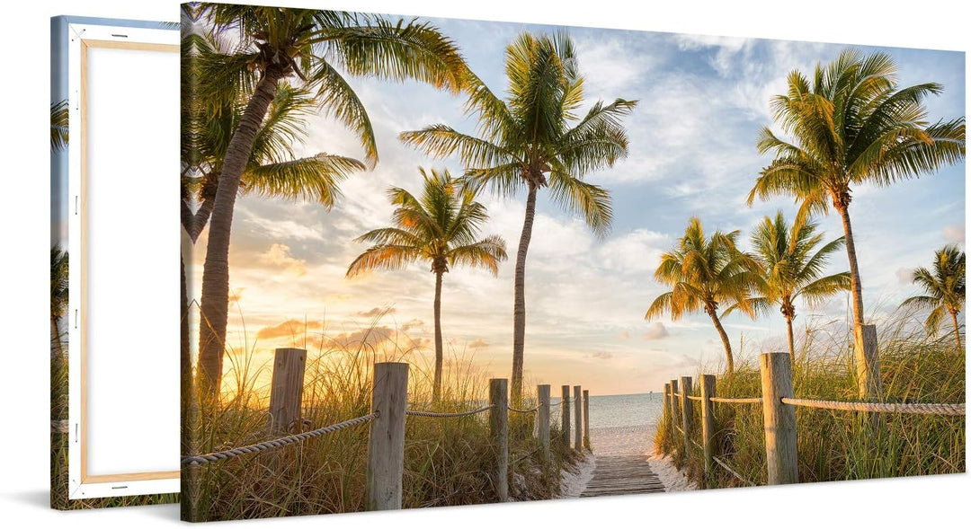 PICANOVA – Bild auf Leinwand Palmenweg zum Meer 100x50cm – Leinwandbild – Premium Leinwanddruck – Wa