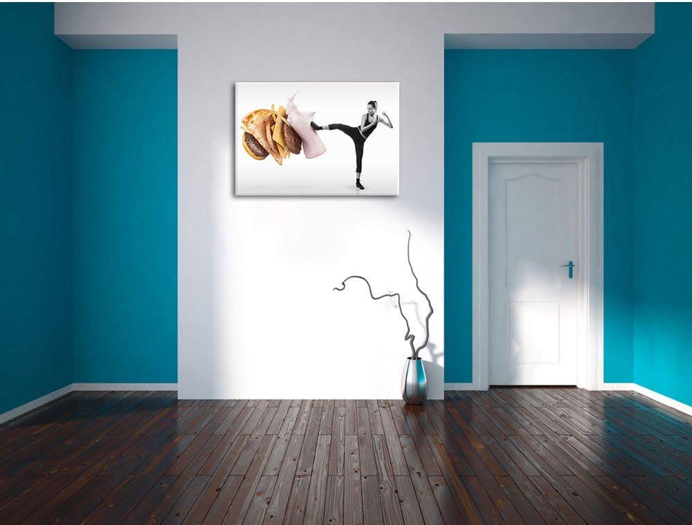 Pixxprint Starke Frau kickt gegen Fastfood Schwarz/Weiss, Format: 100x70 auf Leinwand, riesige Bilde