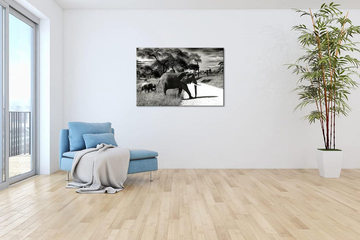 deyoli Elefantenfamilie in der Savanne Format: 80x60 als Leinwand, Motiv fertig gerahmt auf Echtholz