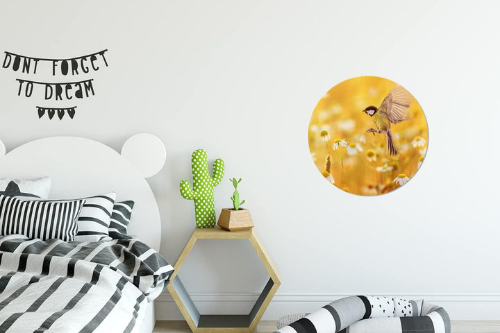 MuchoWow Wandbild Rund Wanddeko Deko Wohnzimmer Bilder 30x30 cm Vogel - Kohlmeise - Blumen - Gänsebl