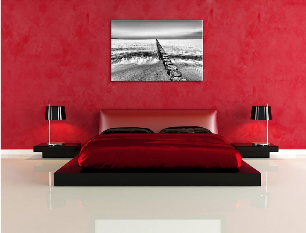 Pixxprint Monocrome, Baumstümpfe die ins Meer führen, Format: 100x70 auf Leinwand, XXL riesige Bilde