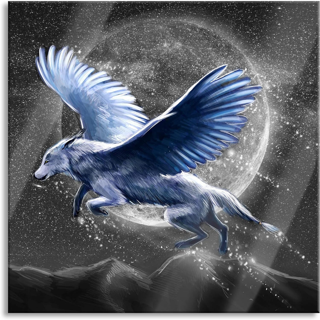Pixxprint Glasbild | Wandbild auf Echtglas | Wolf mit Flügeln | 80x80 cm | inkl. Aufhängung und Abst