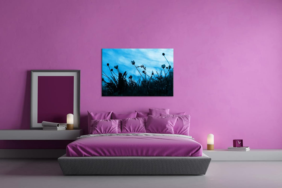 deyoli Sonnenuntergang mit schöner Wiese Format 80x60 Effekt: Monocrome Blau als Leinwandbild, Motiv