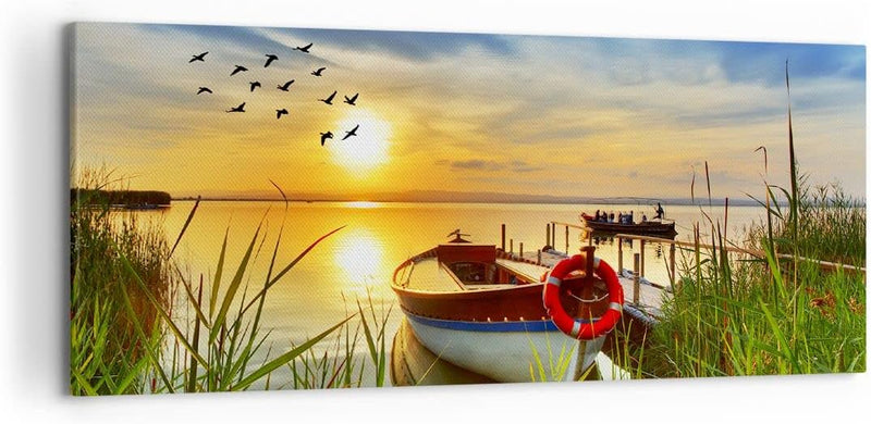 Wandbilder Dekoration Wohnzimmer Boot See Sonnenuntergang Sommer Menschen Bilder auf Leinwand 120x50