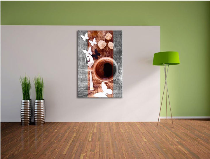 schmackhafter Kaffee mit Schmetterlingsdeko schwarz/weiss Format: 100x70 auf Leinwand, XXL riesige B