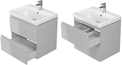 VBChome Badmöbel Slim 60 cm Grau Waschbecken mit Unterschrank Waschtisch 2-Schubladen Moduo Waschbec