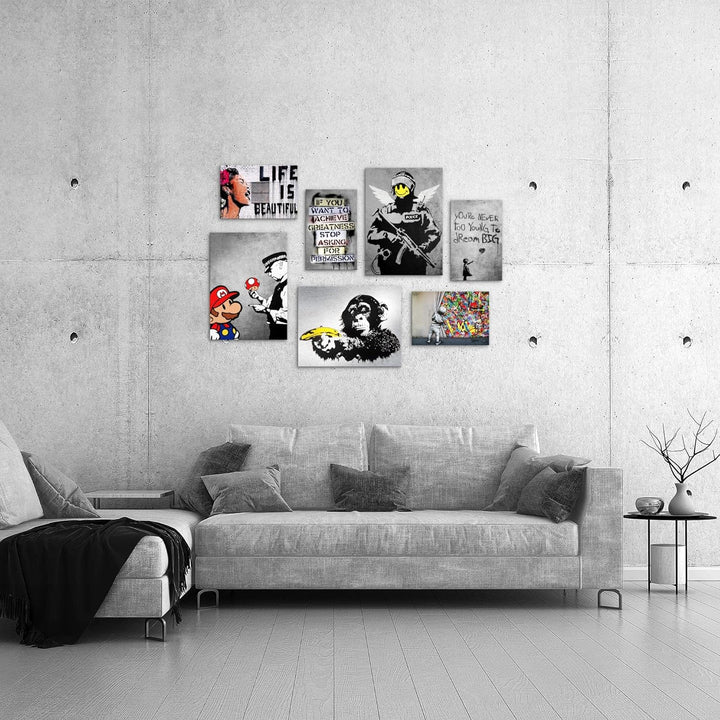 Novart Wandbilder Banksy Collage - KOMPLETT AUFHÄNGFERTIG - Street Art Wohnzimmer Büro- 7 Moderne Mo