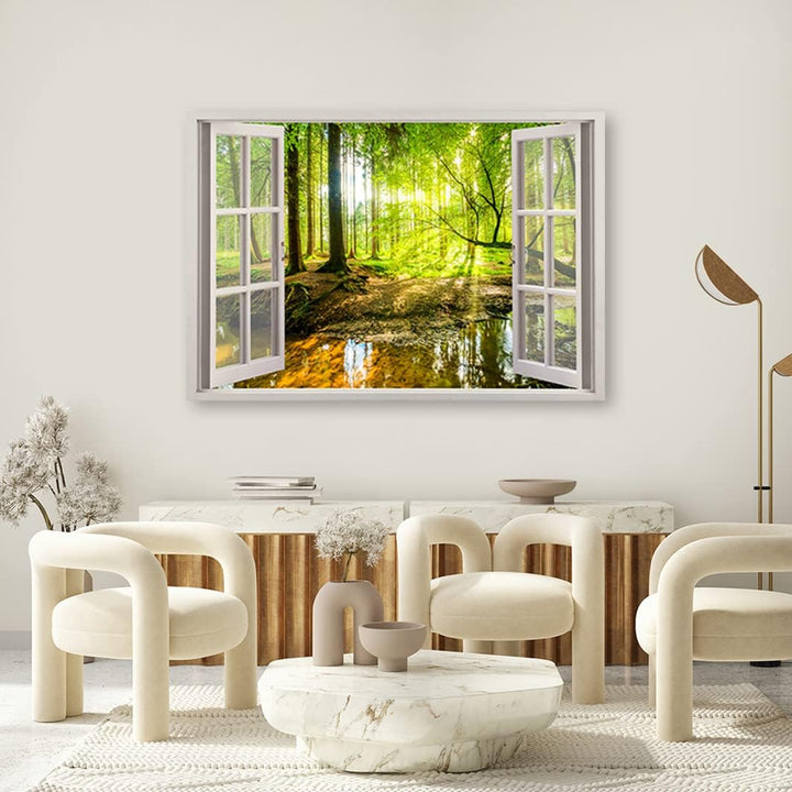 Feeby Leinwand Bilder - Fensterblick Natur- 120x80 cm- Deko Wohnzimmer - Wandbilder Schlafzimmer - D