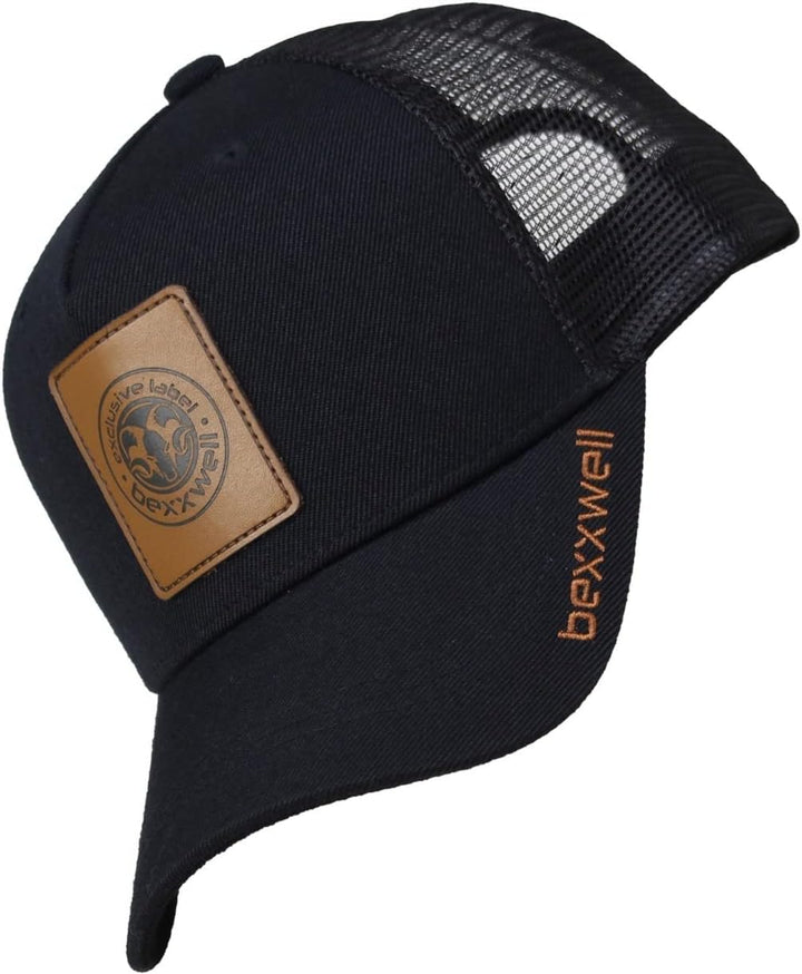Bexxwell Trucker Cap schwarz mit Leder-Patch (optimale Passform, Kappe, Black, Truckercap, Logo, Cap