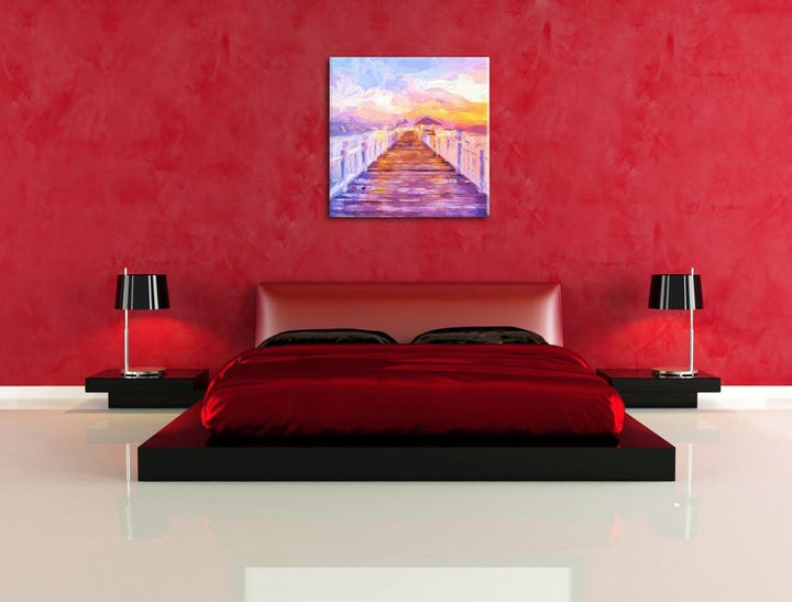 Pixxprint Steg ins Meer bei Sonnenuntergang Pinsel Effekt, Format: 70x70 auf Leinwand, 70x70