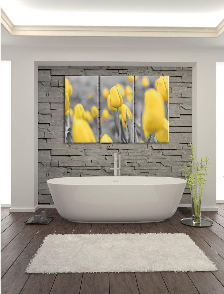 Pixxprint Gelbes Tulpenmeer schwarz/weiss 3-Teiler Leinwandbild 120x80 Bild auf Leinwand