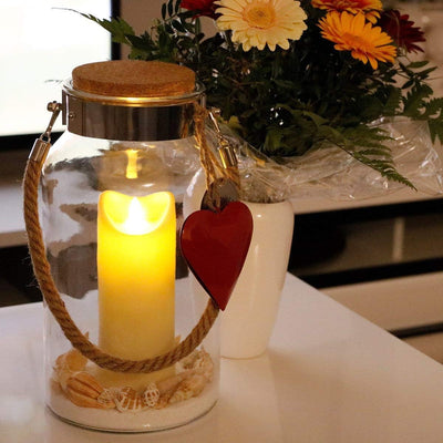 Dekovita Deko Windlicht Glas mit LED Kerze Weiss - Glaslaterne mit Seil Ø16x30cm - Dekoglas Kerzengl