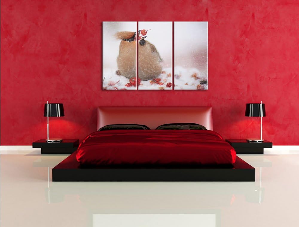 Pixxprint Kleiner Vogel im Schnee Bunstift Effekt 3-Teiler Leinwandbild 120x80 Bild auf Leinwand