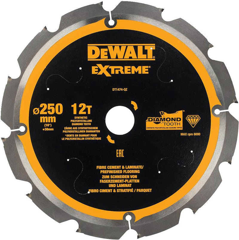 Dewalt Faserzement-Kreissägeblatt DT1474 (250/30 mm, 12 Zähne, 12°, speziell für Faserzement-Platten