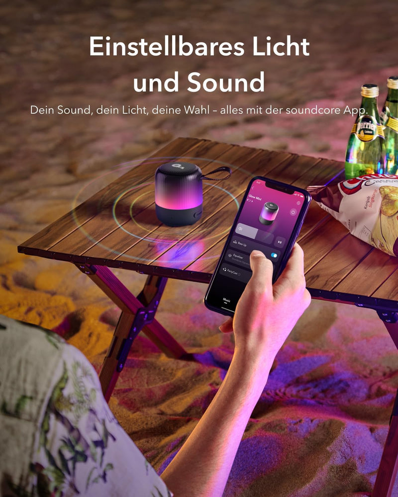 soundcore Glow Mini Speaker, Tragbarer Bluetooth-Lautsprecher, 360° Sound, Lichtshow, 12h Spielzeit,