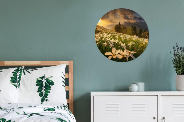 MuchoWow Wandbild Rund Wanddeko Deko Wohnzimmer Bilder 60x60 cm Blumenfeld - Hügel - Sonnenuntergang