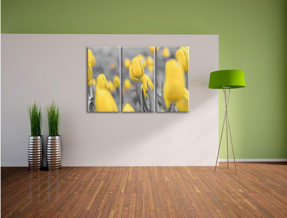 Pixxprint Gelbes Tulpenmeer schwarz/weiss 3-Teiler Leinwandbild 120x80 Bild auf Leinwand